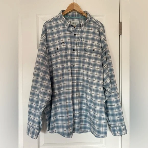 Poncho Light Blue Plaid Flannel Shirt, 3XL - Picture 1 of 7